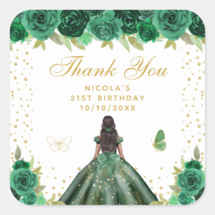 Green Floral Dark Skin Princess Birthday Party Square Sticker