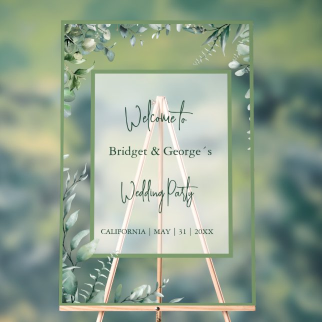 green Floral eucalyptus Frosted Wedding Welcome Acrylic Sign (Neutral)