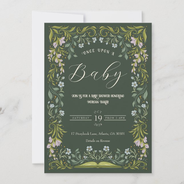 Green Floral Fairytale Book Baby Shower Invitation (Front)