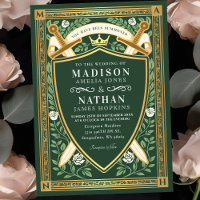Green Floral Fantasy Sword Shield Monogram Wedding
