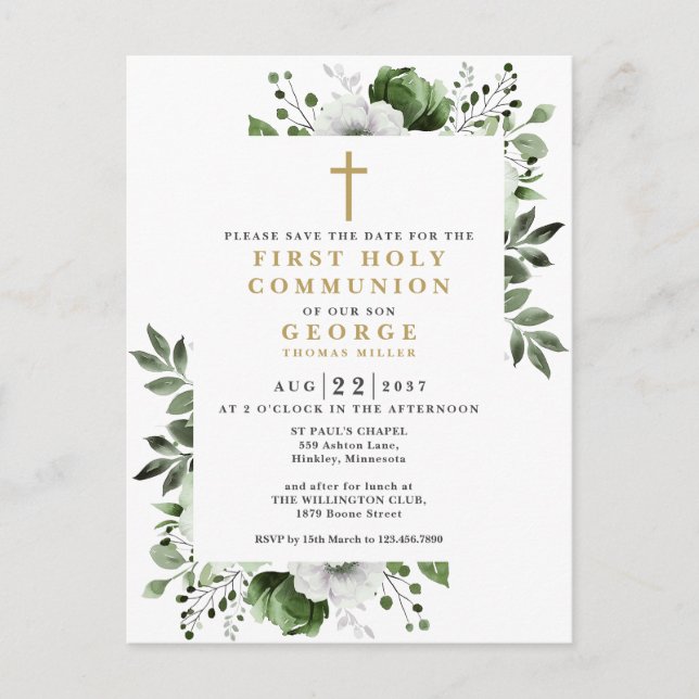 Green Floral First Holy Communion Save The Date Postcard (Front)