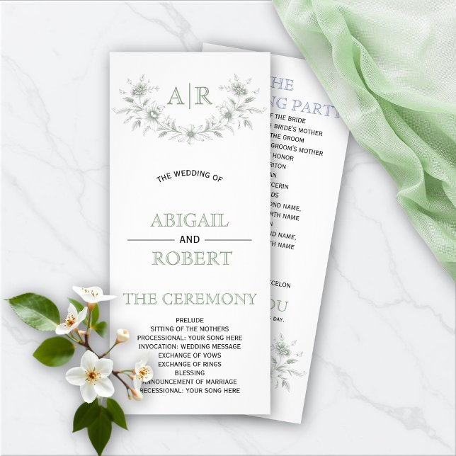 Green floral frame with monogram wedding program (Creator Uploaded)