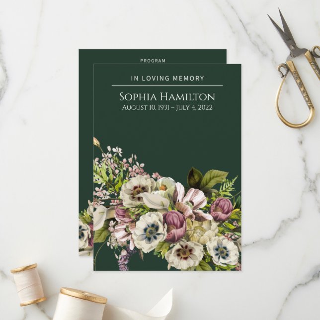 Green Floral Funeral Memorial  Program (Front/Back In Situ)