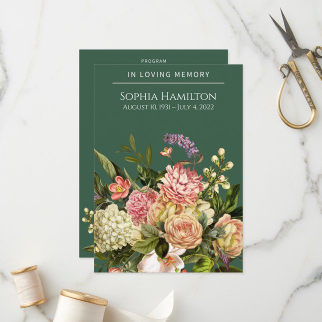 Green Floral Funeral Memorial Program (Front/Back In Situ)
