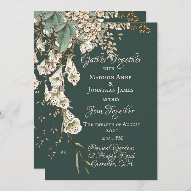Green Floral Garland Script Elegant Wedding Invitation (Front/Back)