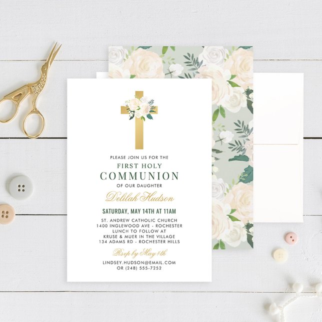 Green Floral Gold Cross First Holy Communion Invitation (Creator Uploaded)