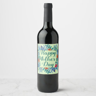 Green Floral Happy Mother's Day Boho Watercolor Wine Label