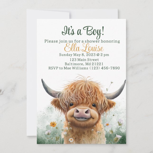 Green floral Highland cow baby shower invitation  (Front)