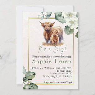 Green floral Highland cow baby shower invitation