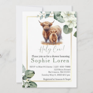Green floral Highland cow baby shower Invitation