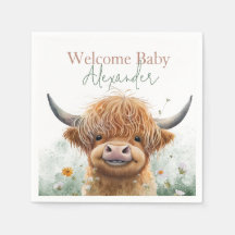 Green floral Highland cow welcome party napkins