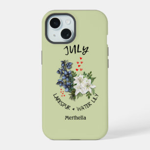Green Floral JULY Birth Month Flower Custom Name iPhone 15 Case