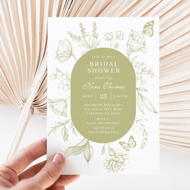 Green Floral Line Art Butterfly Bridal Shower Invitation (Creator Uploaded)