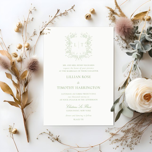 Green Floral Line Art Monogram Crest Wedding Invitation (Creator Uploaded)