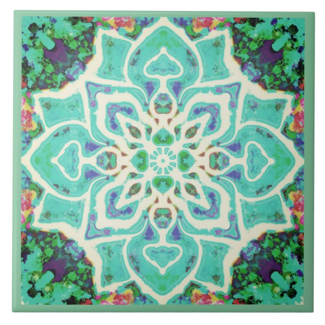 Green floral mandala Mediterranean retro Tile (Front)