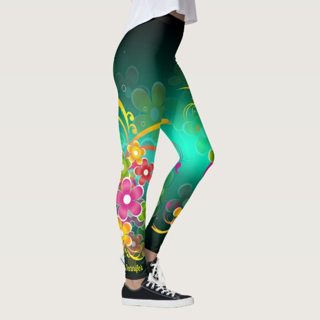 Green Floral Nom personnalisé Leggings Pantalon de (Droite)
