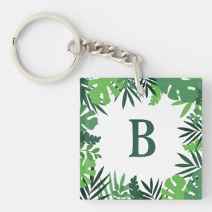 Green floral palm leaves add monogram letter keychain