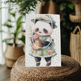 Green Floral Panda Baby Burp Cloth Medium Gift Bag