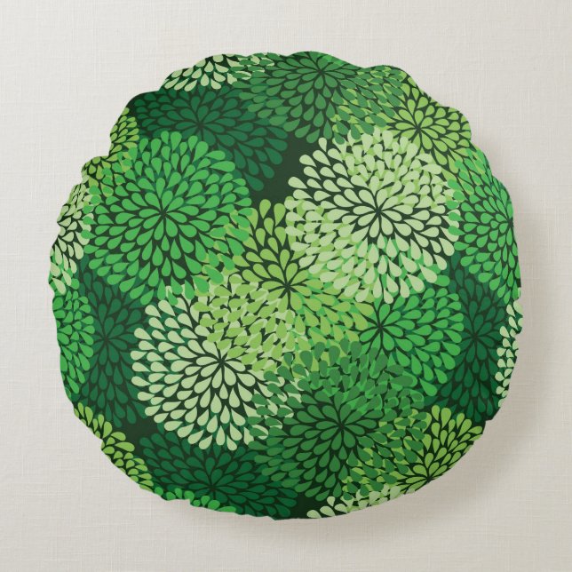 Green floral pattern round pillow (Front)