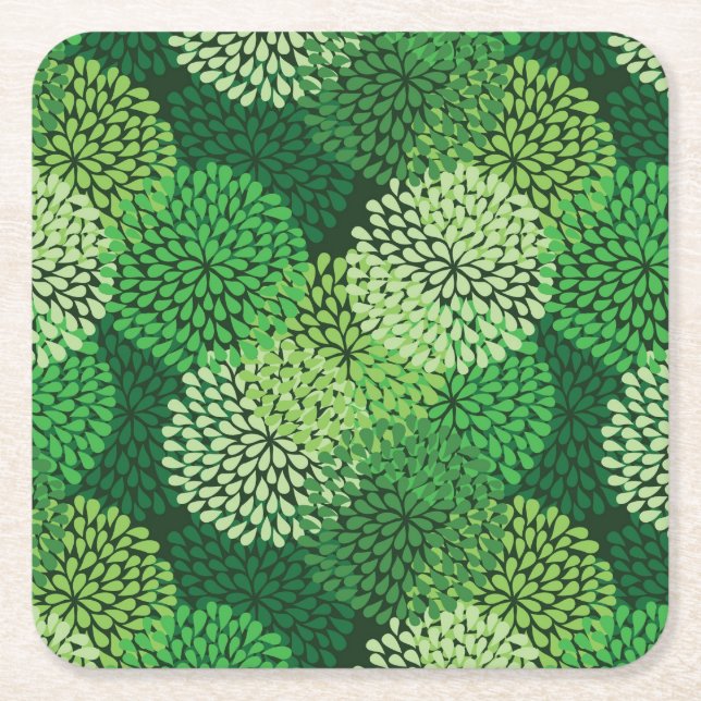 Green floral pattern square paper coaster (Front)