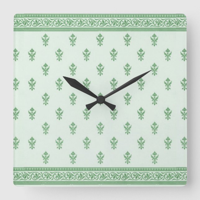 Green Floral Pattern Square Wall Clock (Front)