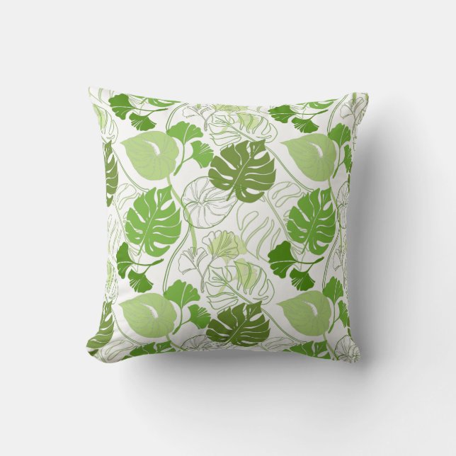 Green floral pattern with leaves and flowers throw pillow (Front)