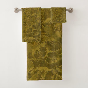 Green Floral Peacock Feather Plain Damask Luxury  Bath Towel Set