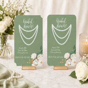 Green floral pearls bridal shower invitation