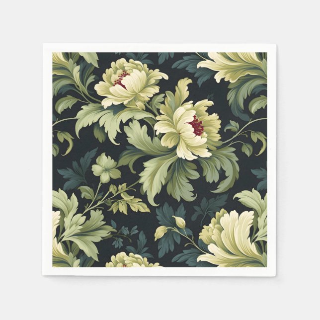 Green Floral Peony Modern Napkin (Front)