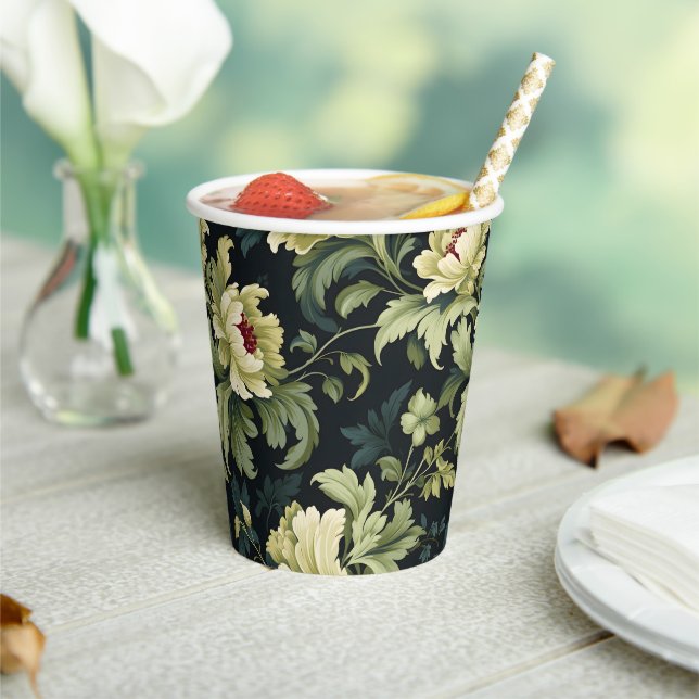 Green Floral Peony Modern Paper Cups (Insitu)