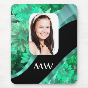 Green floral personalized photo mouse pad