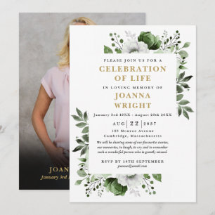 Green Floral Photo Celebration Of Life Funeral Invitation