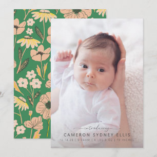 Green Floral Photo Newborn Birth Introducing Announcement