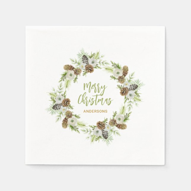 Green Floral Pines Christmas Wreath Napkin (Front)