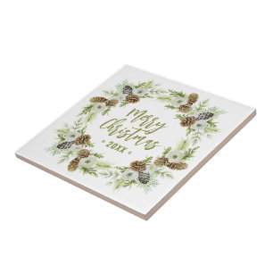 Green Floral Pines Christmas Wreath Tile
