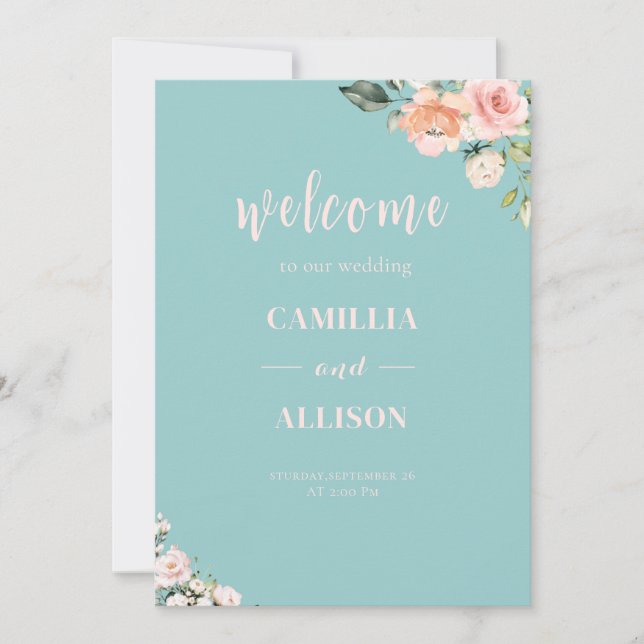  Green Floral pink Wedding Welcome Sign Invitation (Front)