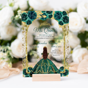 Green Floral Princess Gold Arch Quinceanera Acrylic Invitations