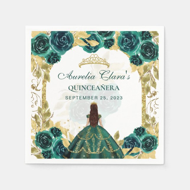 Green Floral Princess Gold Arch Quinceanera Napkin (Front)