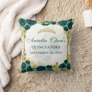 Green Floral Princess Gold Arch Quinceanera Throw Pillow
