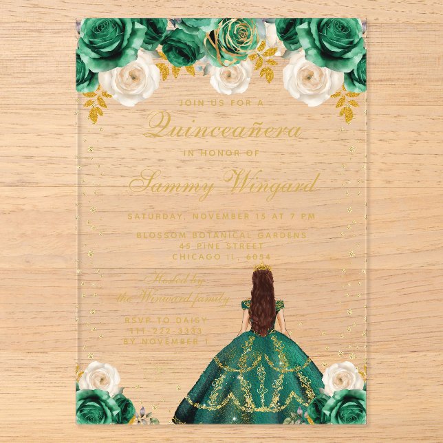 Green Floral Princess Quinceañera Acrylic Invitations (Front)