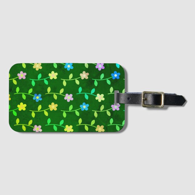 Green Floral Print Luggage Tag (Front Horizontal)
