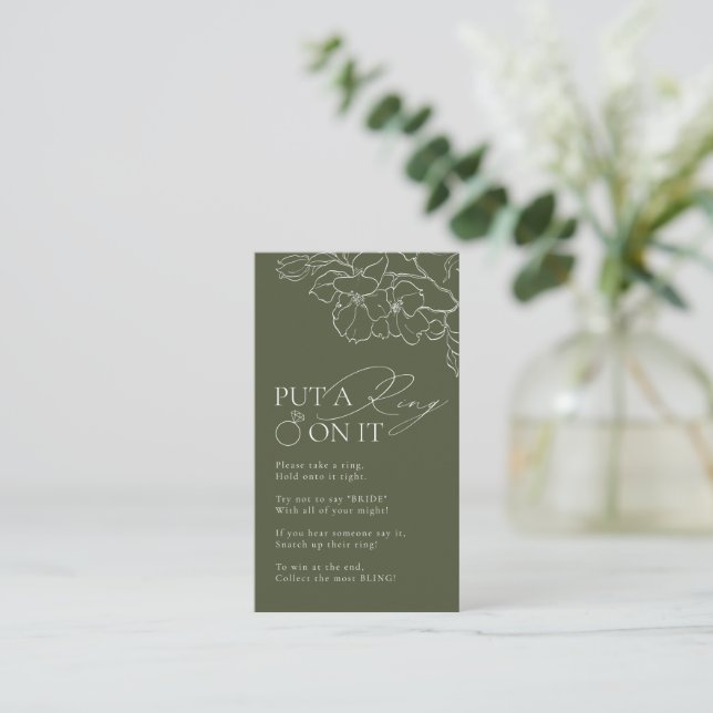 Green floral put a ring on it bridal shower game enclosure card (Standing Front)