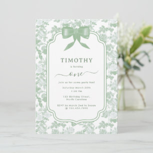 Green Floral Roses Chinoiserie 1st Boy Birthday Invitation