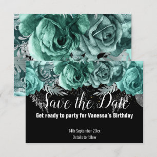 GREEN FLORAL SAVE THE DATE BLACK RSVP CARD