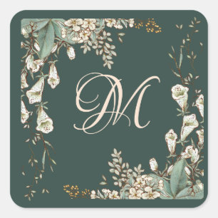 Green Floral Script Monogram Elegant Wedding Square Sticker