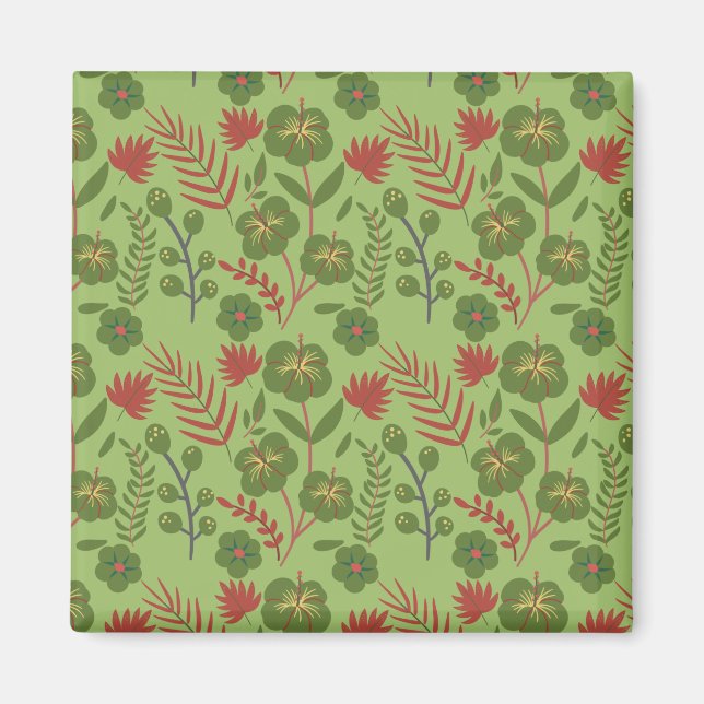 Green floral seamless pattern flower, branch, leaf magnet (Front)