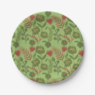 Green floral seamless pattern flower, branch, leaf paper plate