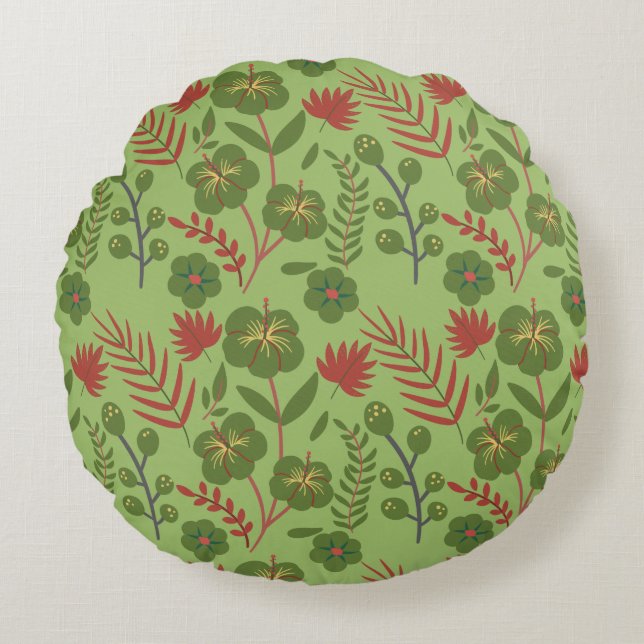 Green floral seamless pattern flower, branch, leaf round pillow (Front)