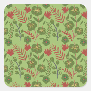 Green floral seamless pattern flower, branch, leaf square sticker