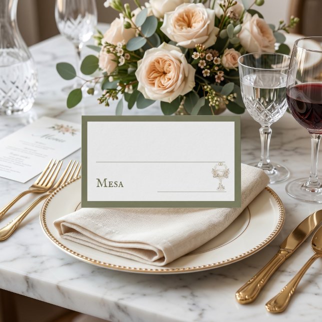 Green Floral Spanish Wine Glass Wedding Mesa  Place Card (Creator Uploaded)